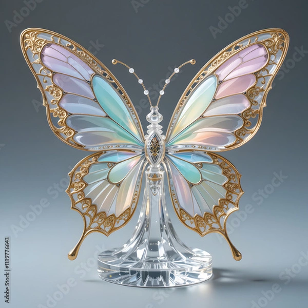 Fototapeta Elegant Crystal Butterfly Sculpture with Gold Filigree and Pastel-Colored Wings