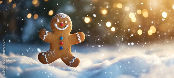 Obraz A smiling gingerbread person dancing in the snow with a Christmas card background and space for text.