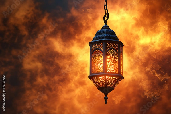 Fototapeta A decorative lantern emits warm light against a backdrop of swirling flames.