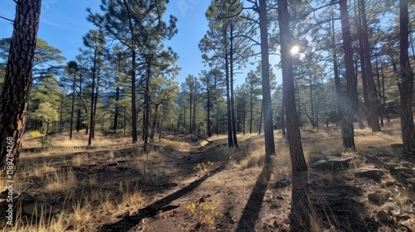 Fototapeta A serene forest landscape with tall trees and sunlight filtering through.