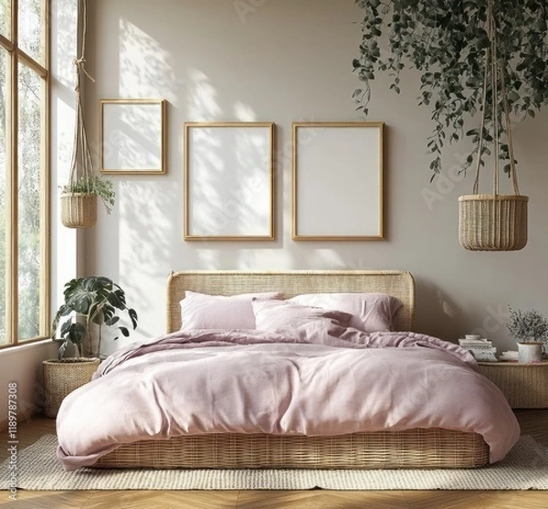 Fototapeta Scandinavian Cozy Bedroom with Rattan Bed Pastel Bedding and Hanging Plants