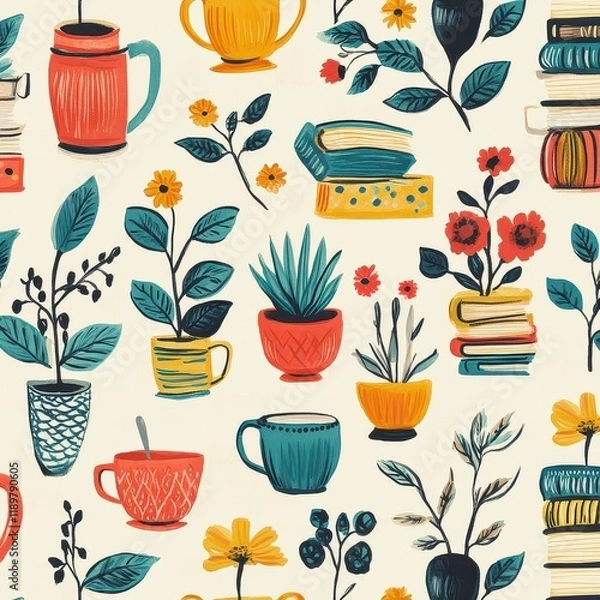 Fototapeta Colorful Floral and Kitchenware Pattern on Cream Background