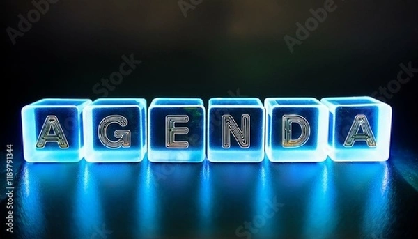 Obraz 英単語のAGENDAの文字が書かれた透明なキューブブロックが横に並んでいる。aiで生成	
