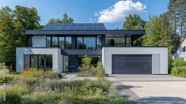 Fototapeta A modern eco-friendly house features a sleek design with a solar panel system installed on the roof, reflecting a commitment to sustainability and energy efficiency.