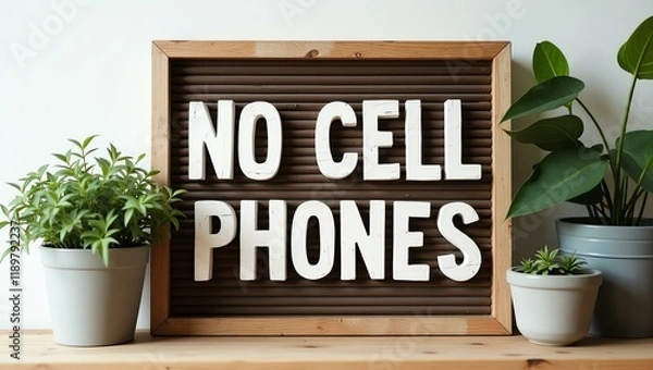 Fototapeta no cell phones is boldly displayed in a rustic, hand-painted style on a wooden signboard background