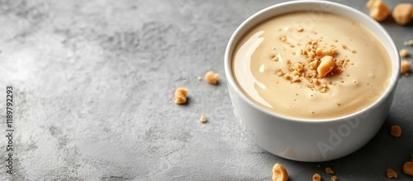 Fototapeta A warm and inviting coffee mug with a creamy latte or cappuccino sits on a marble table surrounded by artisanal spices and roasted nuts creating a cozy and indulgent morning scene