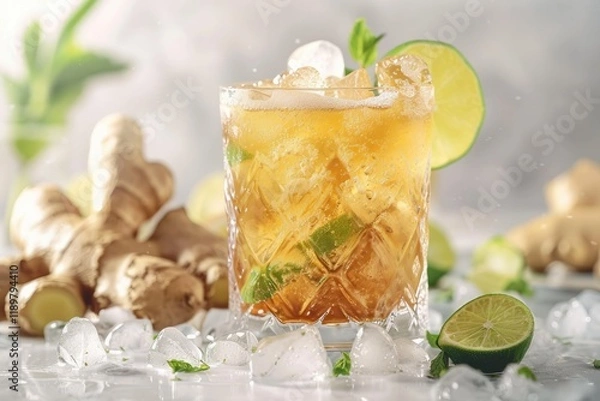 Fototapeta Clear Pixel Visual of Fresh Cocktail Prepared with Ginger Beer, Lime and Ice  White