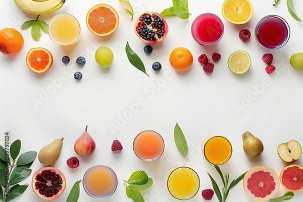 Fototapeta Assortment of Colorful Fruit Juices and Fresh Fruits Arranged on a Clean White Background
