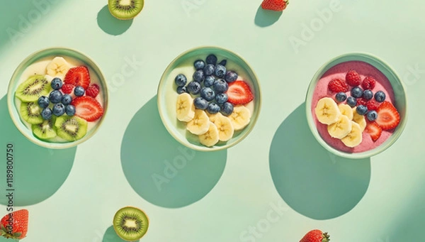 Fototapeta A vibrant flat lay featuring colorful smoothie bowls topped with various fruits.