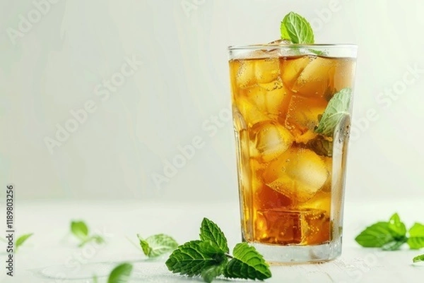 Fototapeta High Detail Image of Glass of Ice Tea with Mint on White Background
