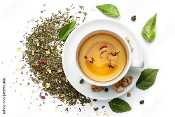 Fototapeta Green Tea with Natural Aromatic Additives and a Cup Top View on White Background