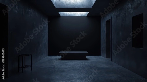 Fototapeta A photo studio featuring a black backdrop, professional lighting, and concrete flooring, designed to create a dark, atmospheric photography concept.