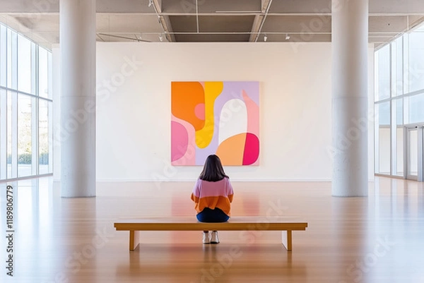 Fototapeta Woman viewing colorful abstract art in modern gallery with large windows and wooden bench.