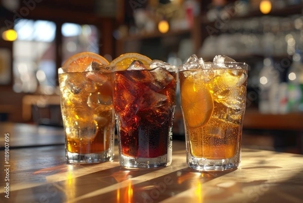 Fototapeta High Quality Visual of Glasses of Cola and Orange Soda Drink and Lemonade