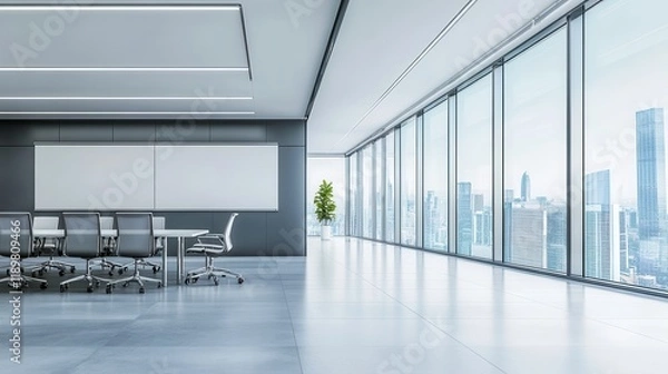 Fototapeta A sleek and modern office interior featuring a meeting area and coworking space adjacent to large windows.