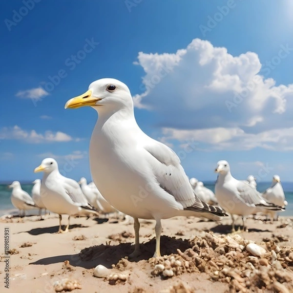 Fototapeta seagull on the beach under sunlight