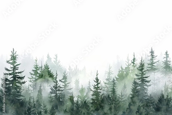 Fototapeta A serene watercolor depiction of a misty forest landscape with evergreen trees.