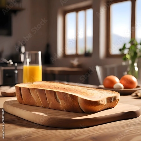 Fototapeta bread and butter on the table and juice for breakfast