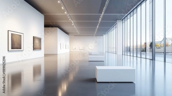 Fototapeta A vast gallery interior with an open layout, featuring large white boxes placed on a concrete floor, emphasizing minimalistic design and an expansive, uncluttered space.