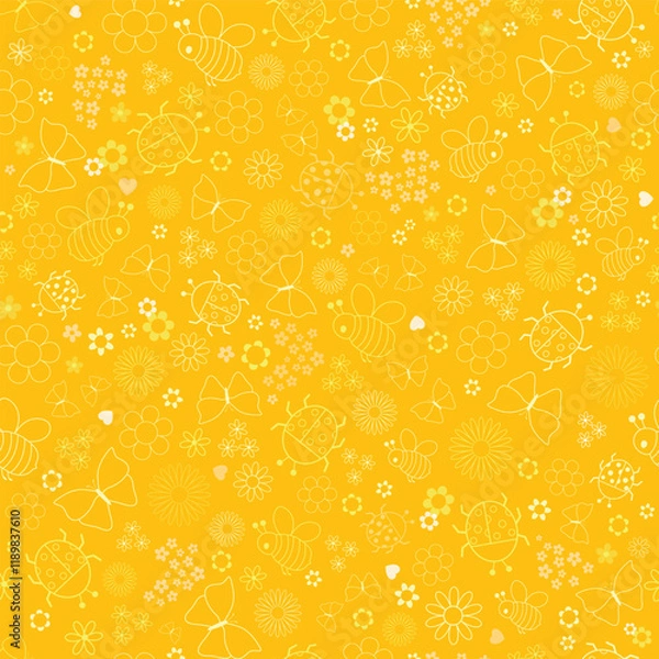 Fototapeta Yellow Repeat Pattern with Flowers, Ladybirds, Butterflies and Bees