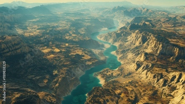 Fototapeta A high-angle view of the Verdon River snaking through the canyon, with sheer cliffs rising dramatically on both sides.