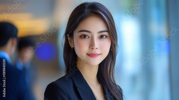 Fototapeta A woman in a black business suit is smiling for the camera. Generative AI
