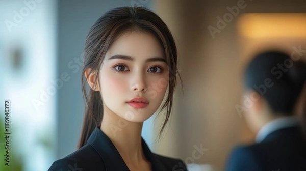 Fototapeta A woman with long hair and a black dress is standing in front of a wall. Generative AI