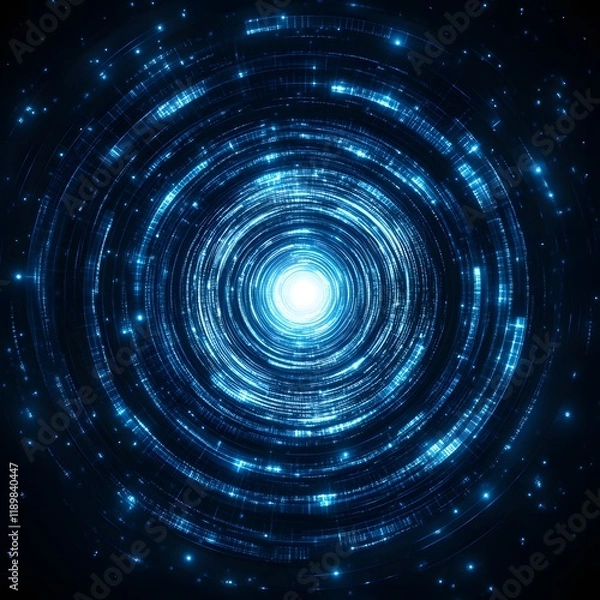 Fototapeta Abstract glowing blue concentric circles, digital technology, futuristic tunnel.