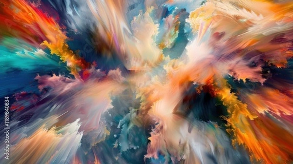 Obraz a abstract explosion of vivid colors and dynamic shapes, swirling in a mesmerizing dance of abstraction, white space in the center of the page for text