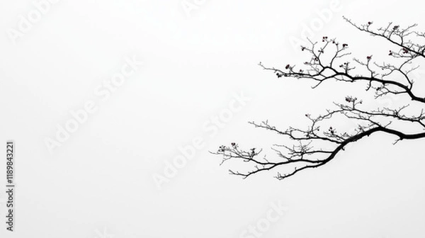 Fototapeta Silhouette of a Branch: A stark silhouette of a bare branch reaching out against a misty sky. The image evokes feelings of  minimalism and solitude.