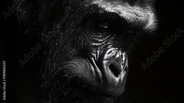 Obraz Close-up black and white photograph of a gorilla's intense gaze.