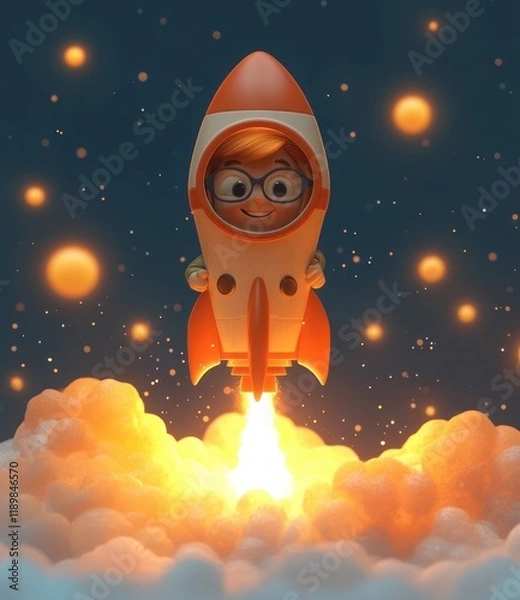 Fototapeta Joyful Young Man Launching a Red Rocket in Cartoon Style Innovation and Startup Concept