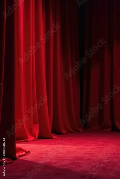 Fototapeta Red silk fabric draped around an empty stage area in evening stillness, area, an