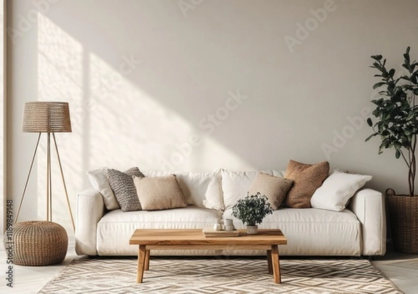 Fototapeta Minimalist Scandinavian Living Room with White Sofa, Wooden Table, Floor Lamp, and Textured Pillows
