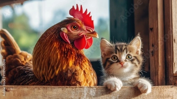 Fototapeta A hen and a kitten share a cozy space. AI.