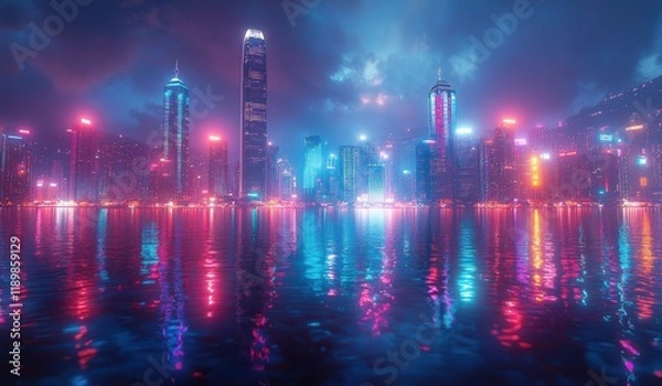 Fototapeta Futuristic City Skyline at Night with Neon Lights and Skyscrapers Reflected on Water