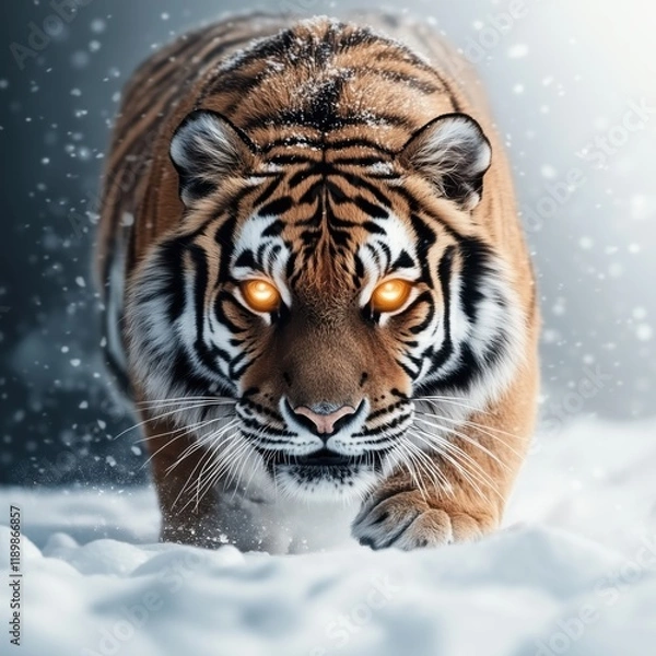 Fototapeta A powerful tiger with glowing eyes walking through snow, showcasing its strength and intensity in a dynamic, action-filled shot