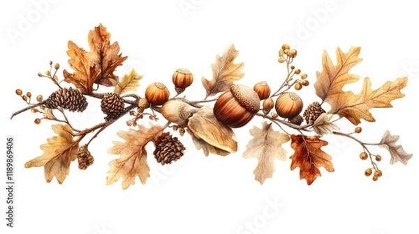 Obraz Autumnal Branch with Acorns Leaves and Pinecones