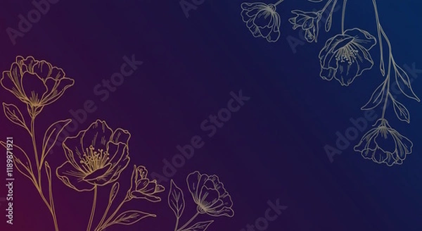 Obraz "A minimalist floral abstraction with line art of flowers in metallic gold and silver over a gradient background transitioning from deep purple to midnight blue."