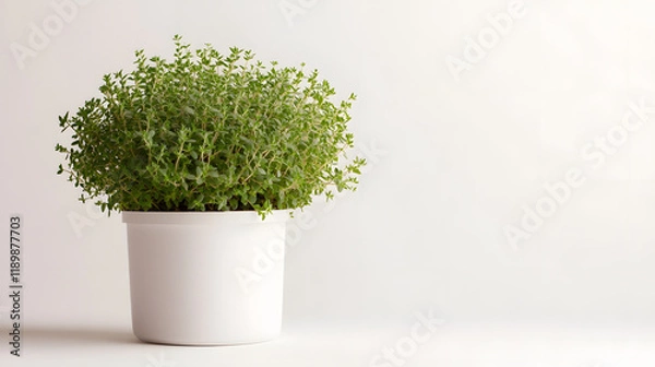 Fototapeta A lush thyme plant in a white pot sits against a minimalist white background. The vibrant green of the herb contrasts beautifully with the clean, simple backdrop.