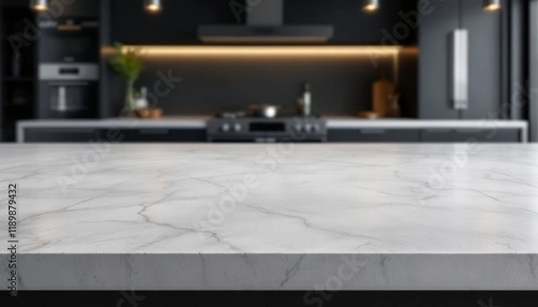 Fototapeta Modern marble countertop against a modern illuminated sleek black kitchen, ideal for product mock up photography