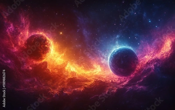 Fototapeta Cosmic Scene of Exoplanets Orbiting Near Vibrant Nebula in Surreal Space Art