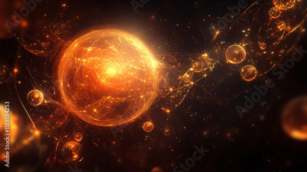 Fototapeta Abstract glowing spheres floating in a dark ambient space.