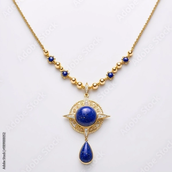 Fototapeta A gold necklace with a blue gemstone pendant and a dangling teardrop-shaped gemstone.