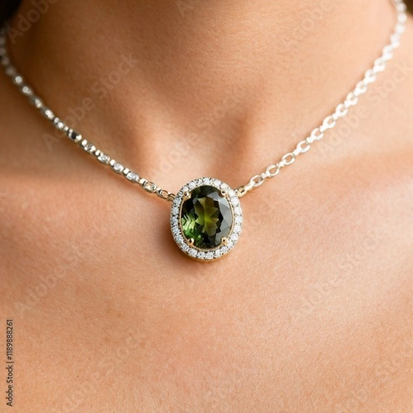 Fototapeta A close-up of a woman's neck features a delicate silver necklace with a large oval-shaped green gemstone, surrounded by smaller diamonds.