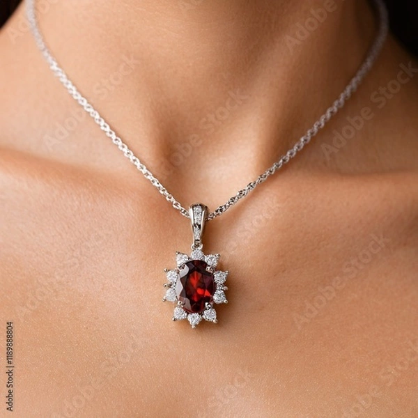 Fototapeta A close-up of a woman's neck features a silver necklace with a red gemstone pendant and a chain.