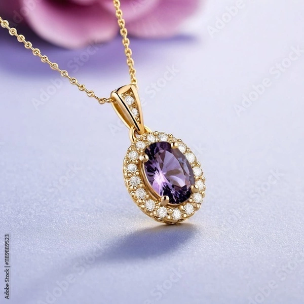 Obraz A gold necklace with a pendant featuring a purple gemstone and a halo of smaller diamonds is displayed against a purple background.