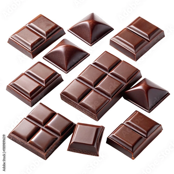 Fototapeta A collection of black chocolate squares showcases various shapes and sizes on a smooth blank backdrop creating an inviting and elegant appearance