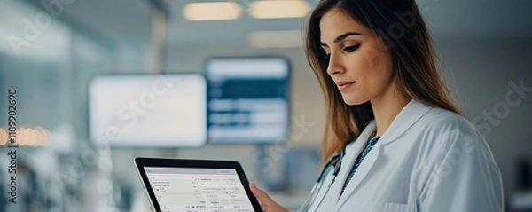 Fototapeta A healthcare professional managing a patient’s health history on a tablet, detailed records and management tools displayed with intuitive design.