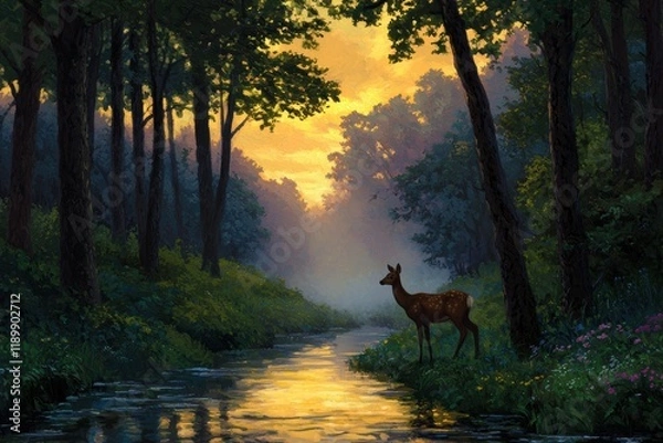 Fototapeta Serene Forest Scene at Sunrise with Deer by Tranquil Stream